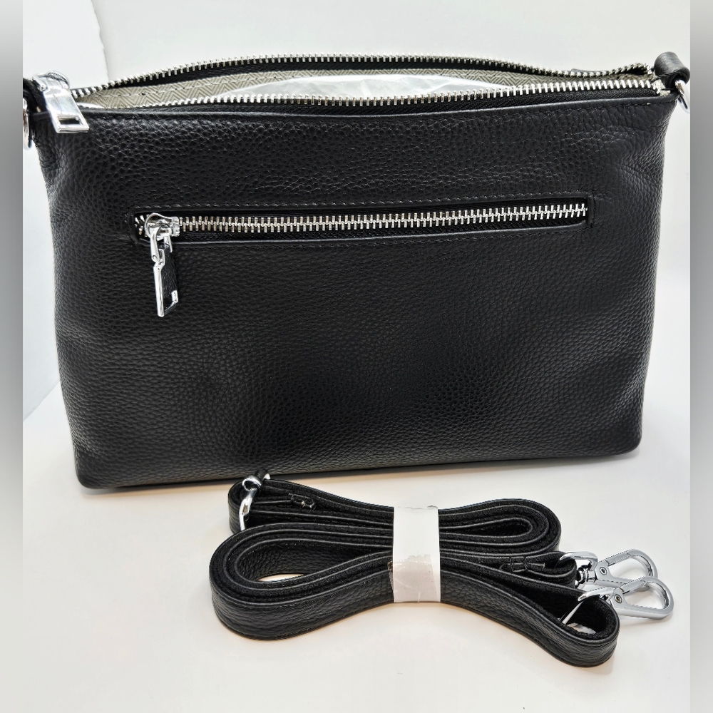 Black PU Leather Crossbody Womens Bag Silver Zipper‎ Close 10 inch